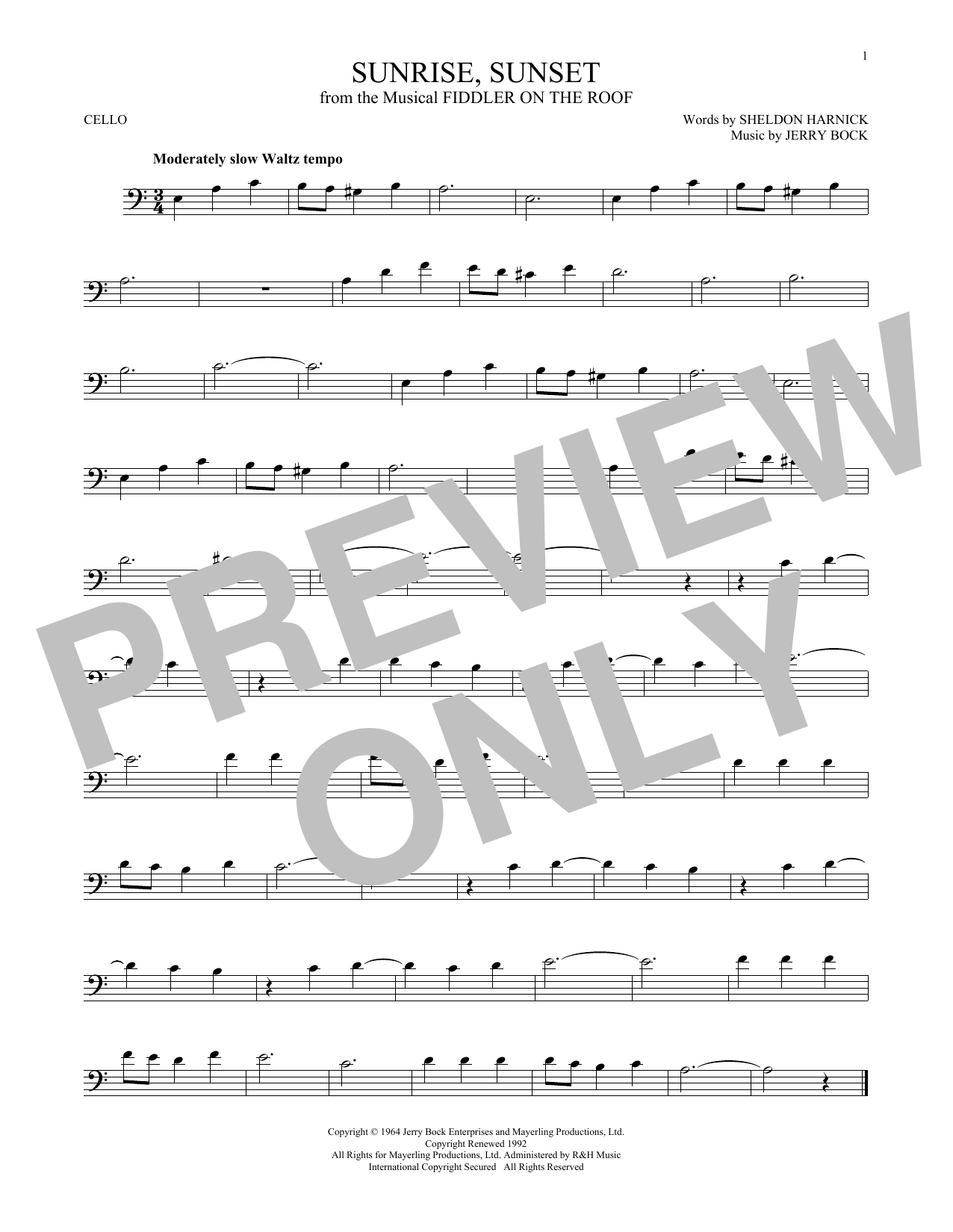 Produktgalerie: Seite 1 von 1 Sunrise, Sunset, Jerry Bock, Violoncello