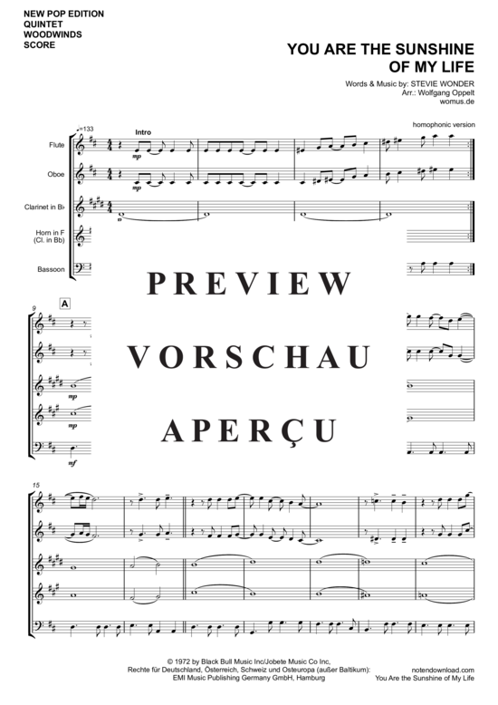 Produktgalerie: Seite 2 von 18 You Are the Sunshine of My Life , Wonder, Stevie, (Holzbläser Quintett)