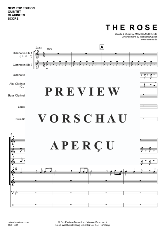 Produktgalerie: Seite 4 von 11 The Rose, Midler, Bette, Klarinetten Quintett/Ensemble/Band/Chor E-Bass & Drum Set opt.