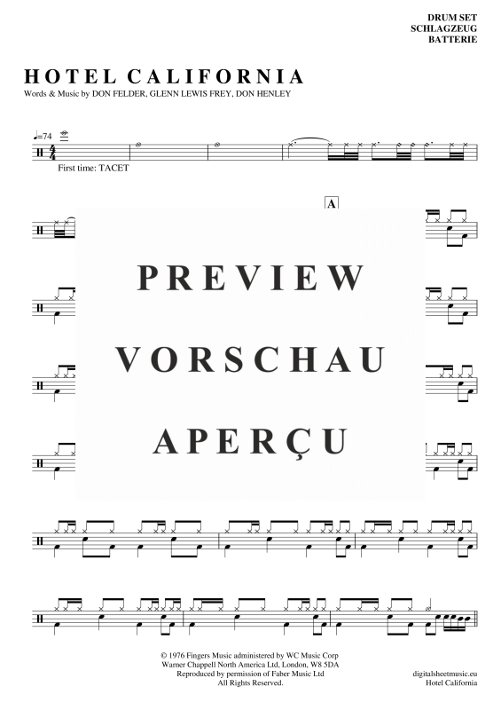 Product gallery: Page 2 of 5 Hotel California, Eagles, The, (Drums)