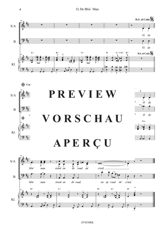 gallery: O, De Blin` Man Stood On De Road An` Cried , , (Gemischter Chor SAB + Klavier)