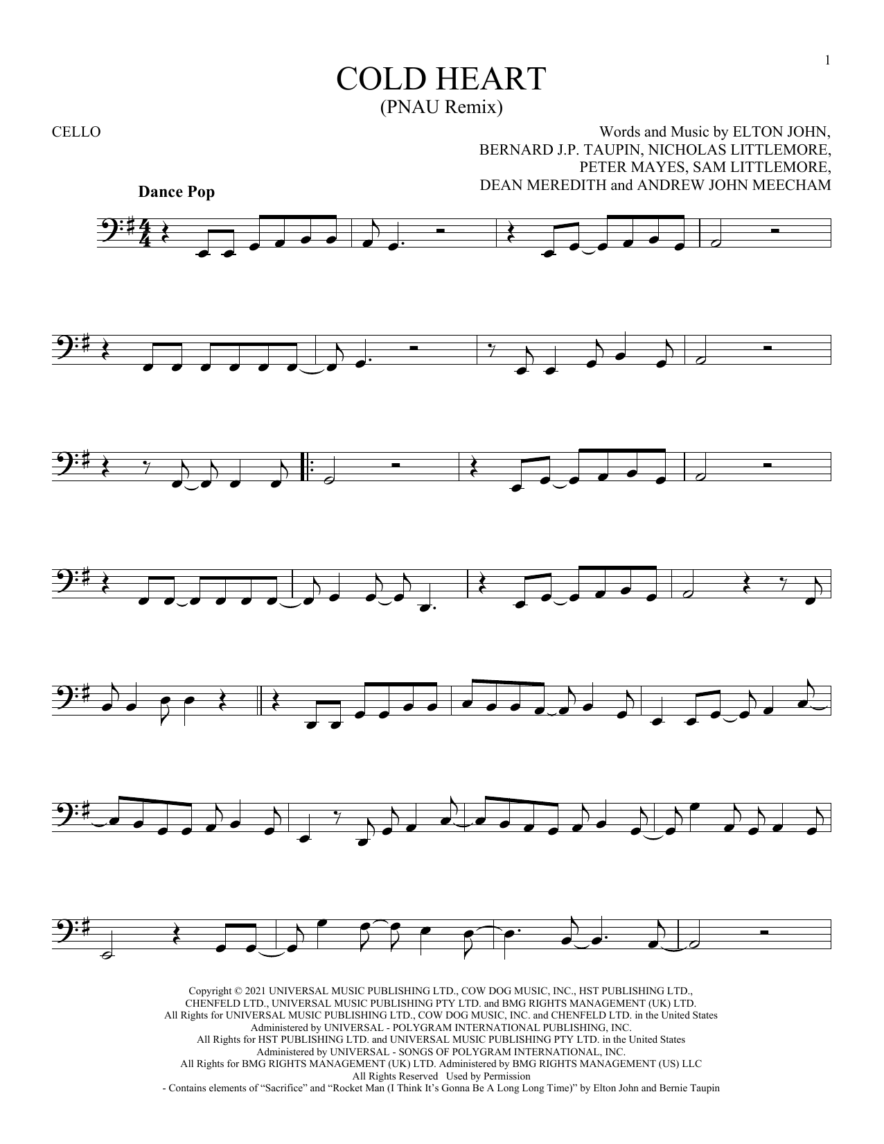 Produktgalerie: Seite 1 von 1 Cold Heart (PNAU Remix), Elton John & Dua Lipa, Violoncello