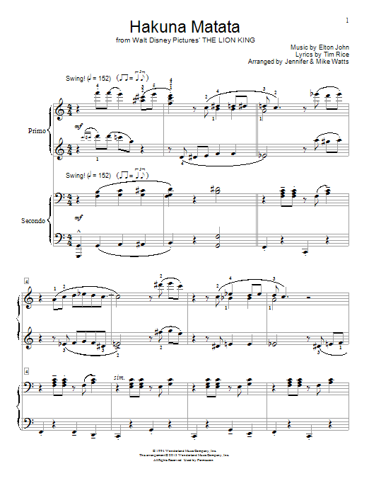 Produktbild zu: Hakuna Matata (from The Lion King) (arr. Jennifer and Mike Watts)