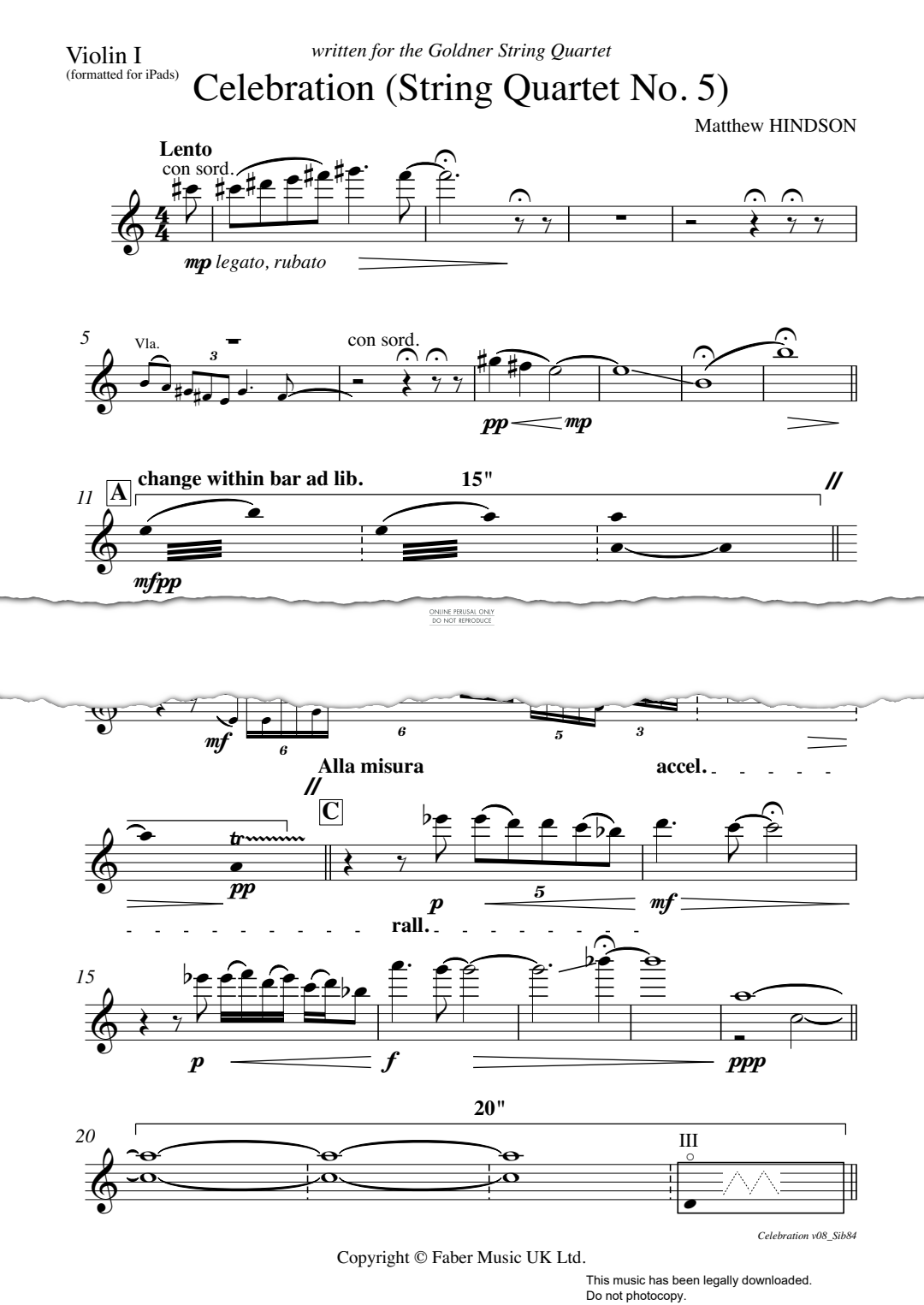 Produktgalerie: Seite 1 von 1 Celebration (String Quartet No 5), Matthew Hindson, Violine