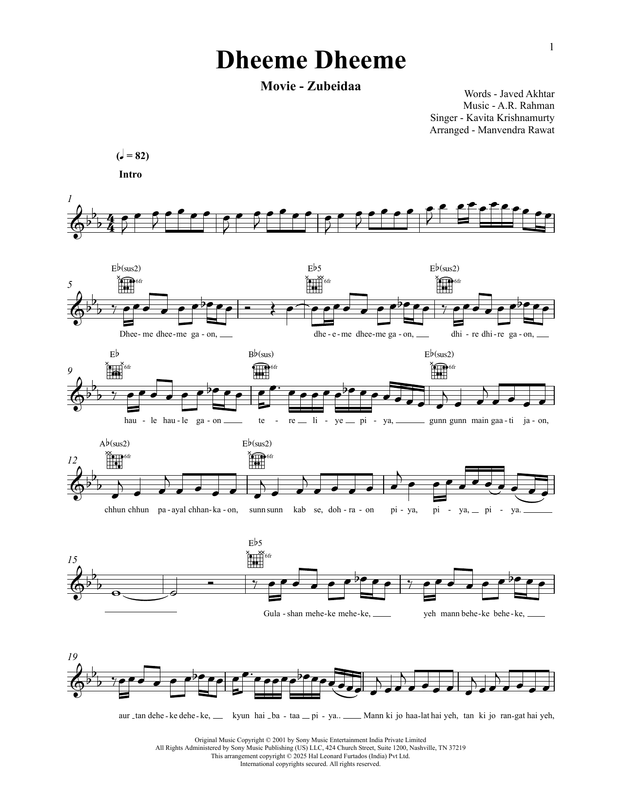 Produktgalerie: Seite 1 von 1 Dheeme Dheeme (from Zubeidaa), A.R. Rahman, Melodieinstrument
