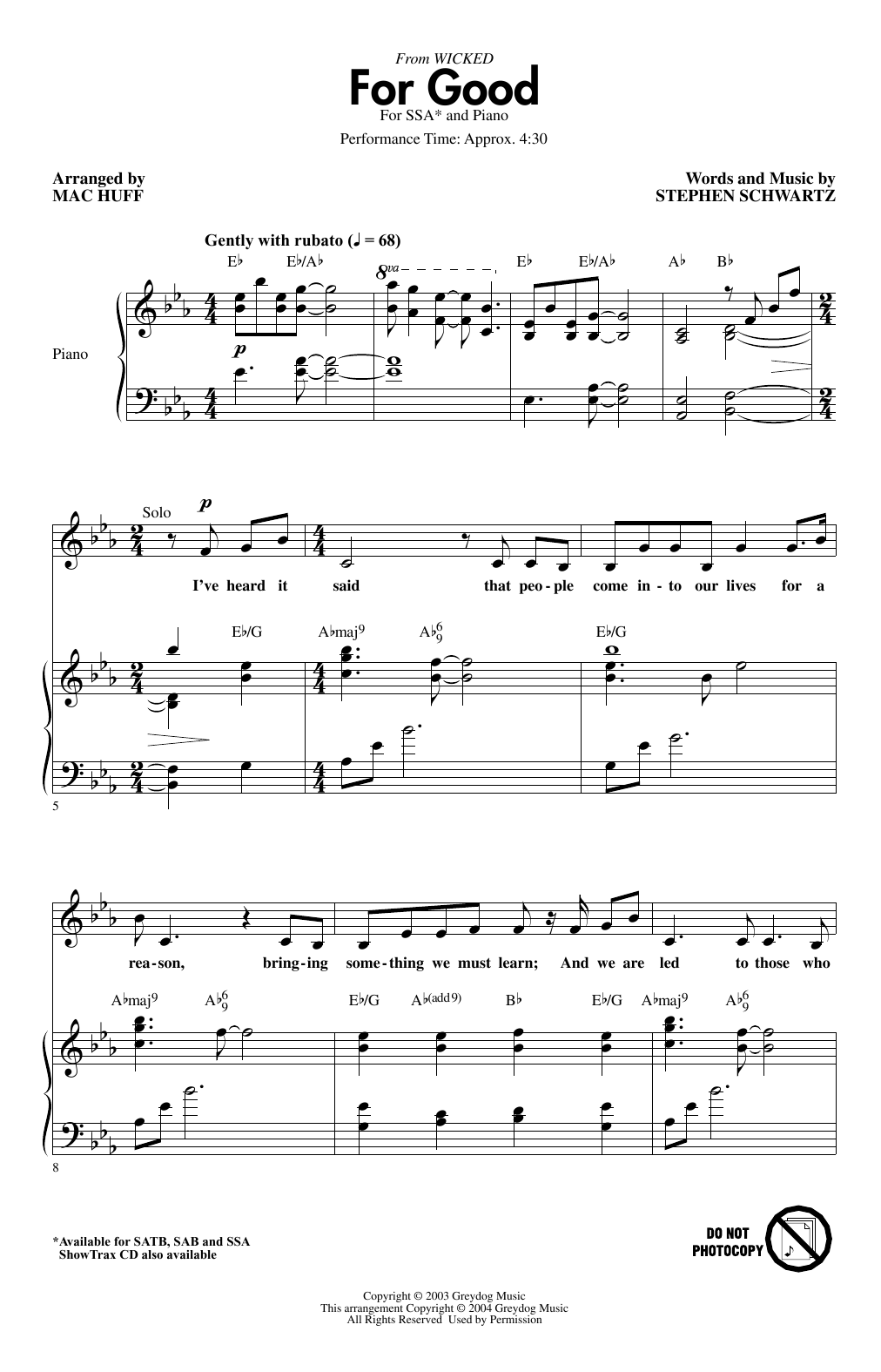 Product gallery: Page 1 of 1 For Good (from Wicked) (arr. Mac Huff), Stephen Schwartz