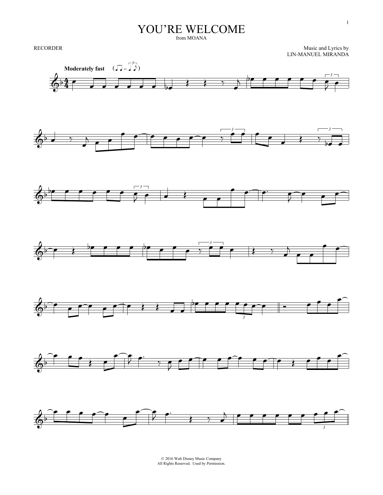 Product picture to:  You're Welcome (from Moana) - Lin-Manuel Miranda