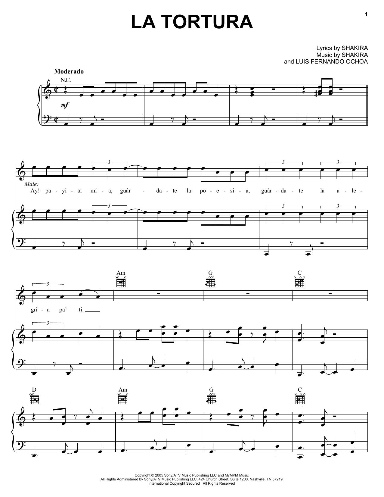 Produktgalerie: Seite 1 von 1 La Tortura, Shakira featuring Alejandro Sanz, Gesang, Gitarre, Klavier