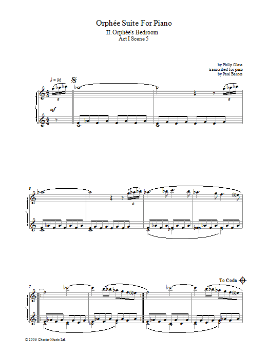 Product gallery: Page 1 of 1 Orphee Suite For Piano, II. Orphee's Bedroom, Act I, Scene 5, Philip Glass