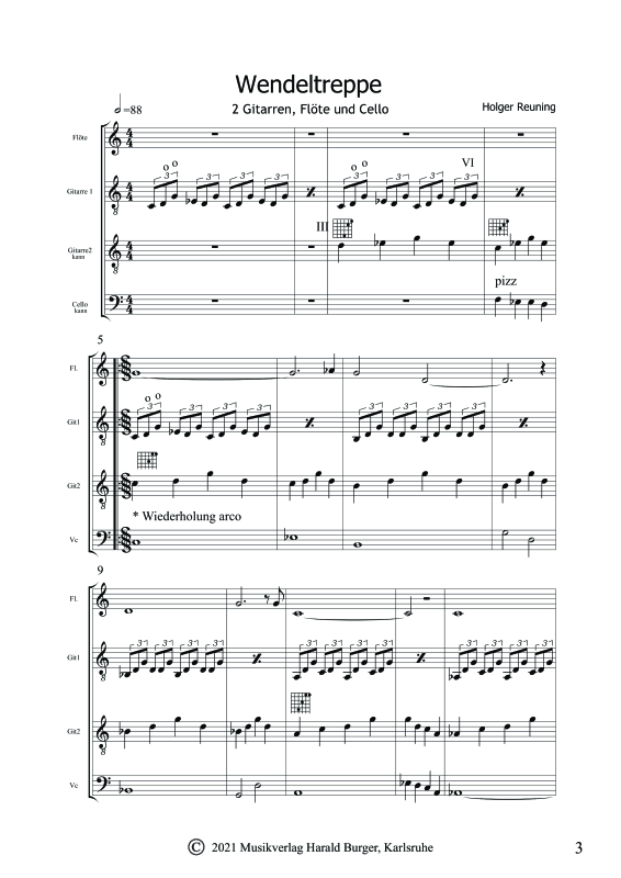 gallery: Wendeltreppe, , Gemischtes Ensemble für Flöte, 2 Gitarren und Cello - Partitur