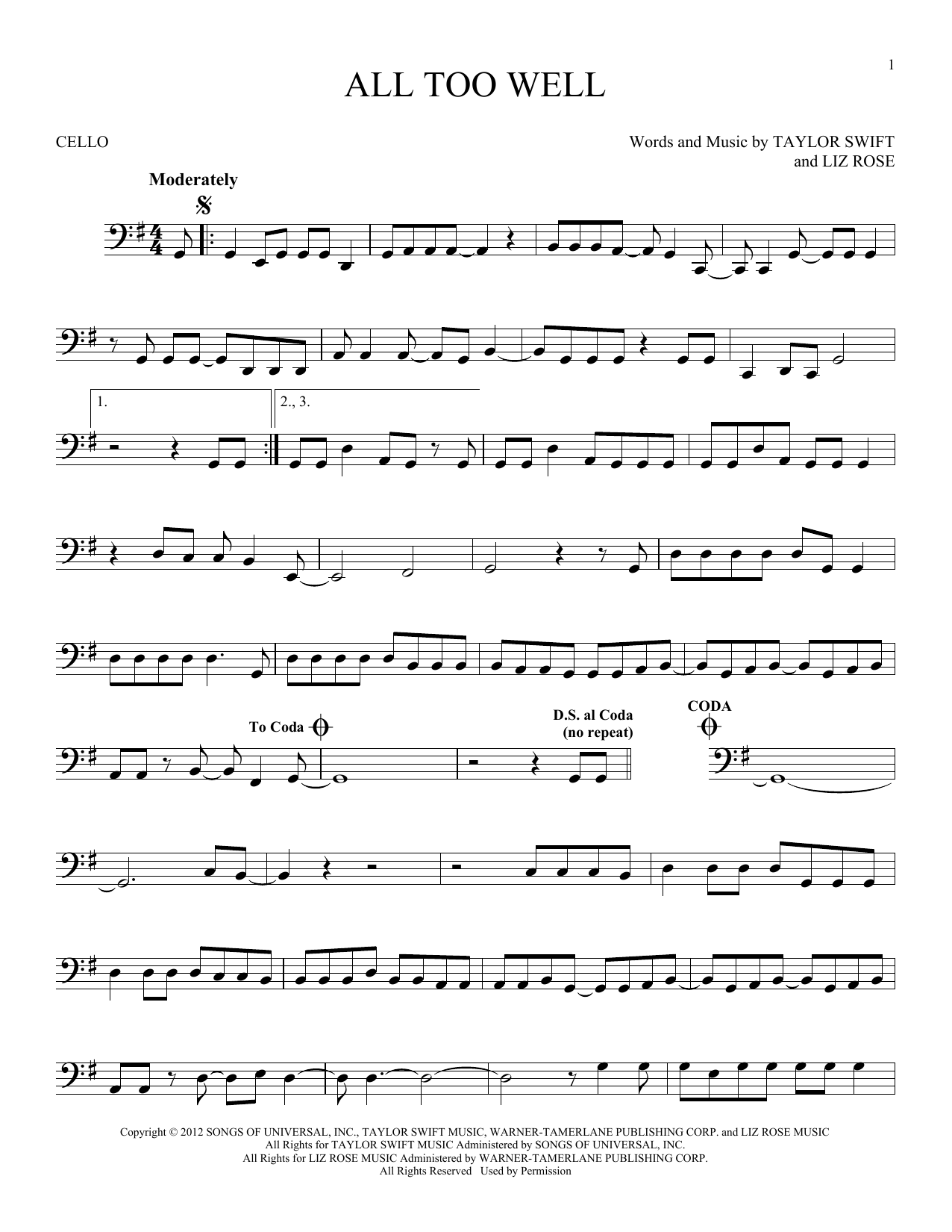 Produktgalerie: Seite 1 von 1 All Too Well, Taylor Swift, Violoncello