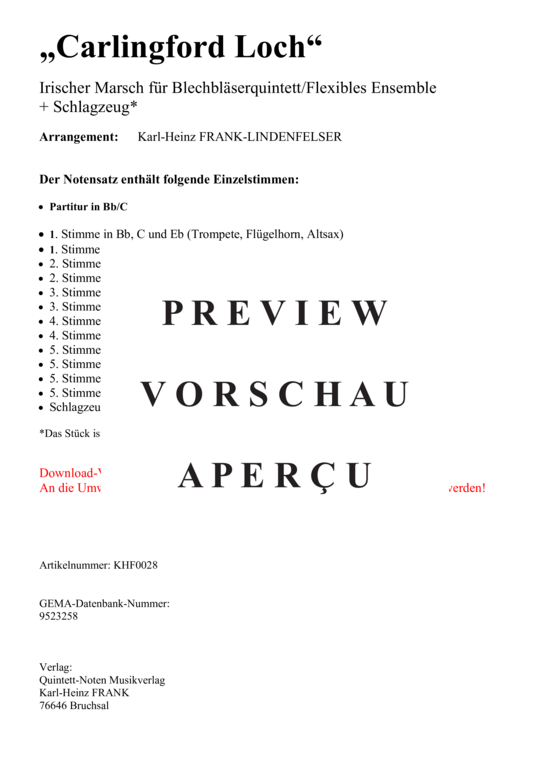 Produktgalerie: Seite 2 von 17 Carlingford Loch , Blasorchester Fatamo, (Blechbläser Quintett - flexible Besetzung)