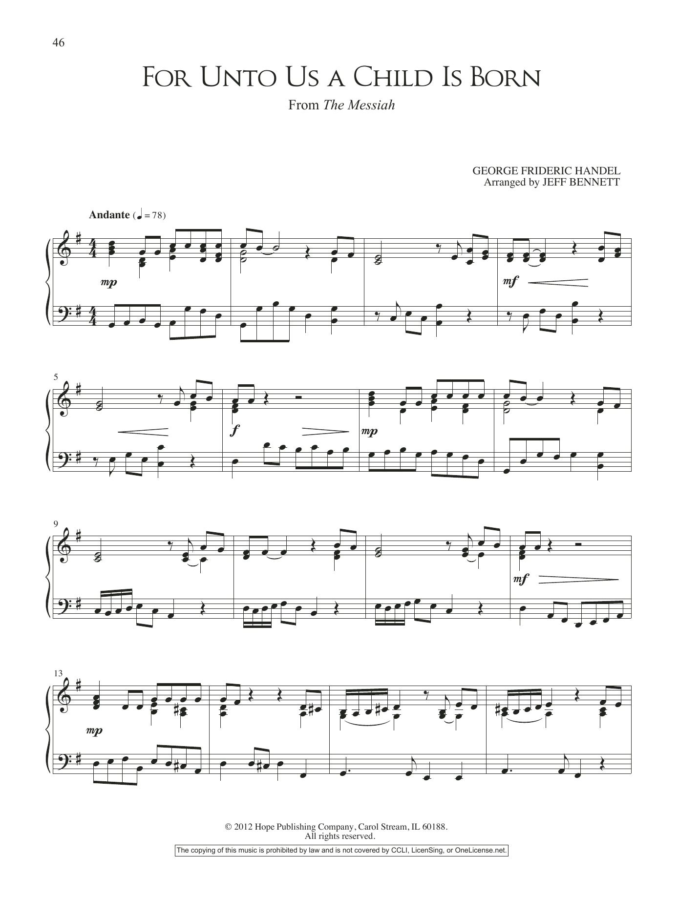 Product gallery: Page 1 of 1 For Unto Us A Child is Born (from The Messiah), Jeff Bennett