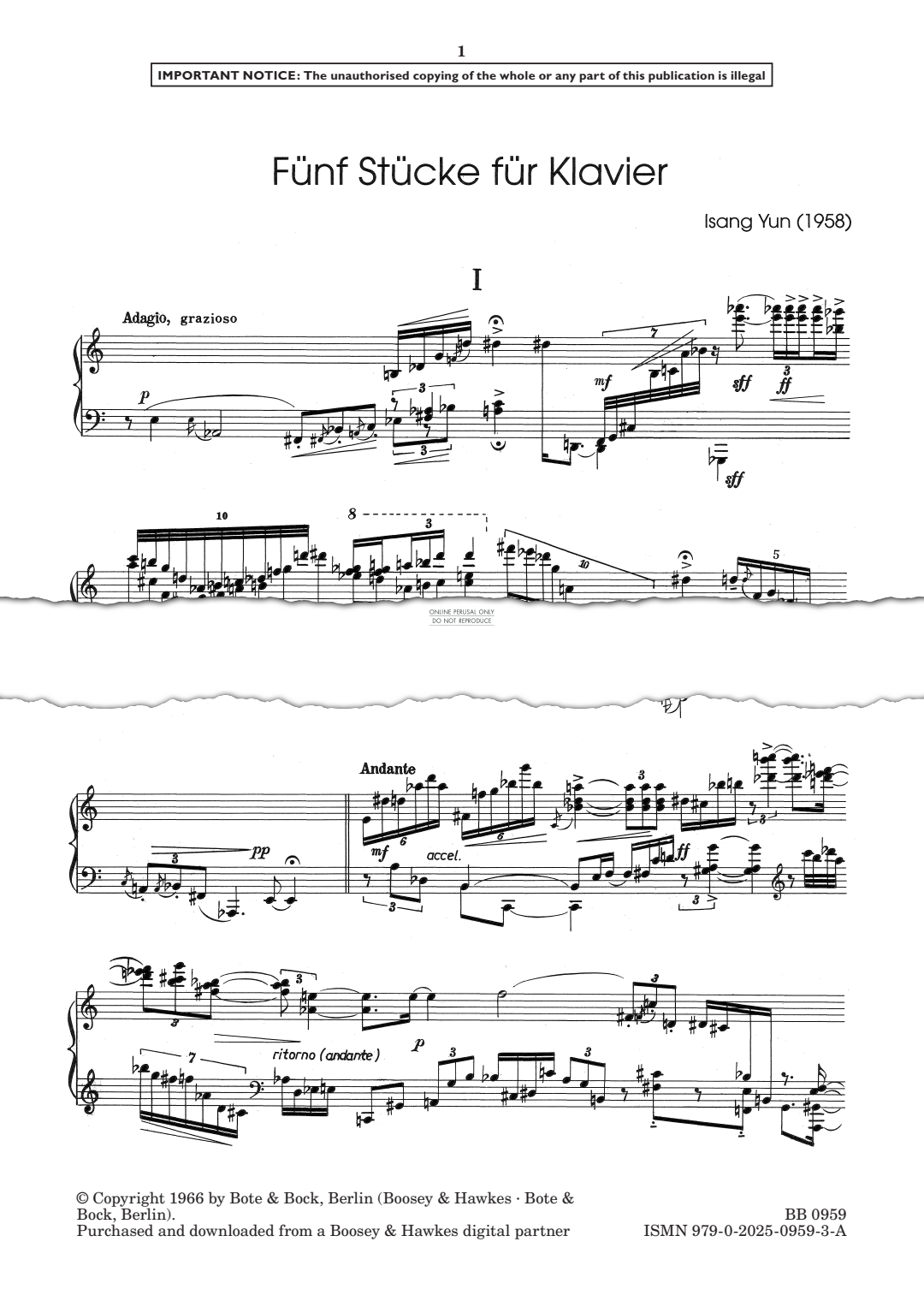 Produktgalerie: Seite 1 von 1 Fünf Stücke für Klavier - I, Isang Yun, Klavier