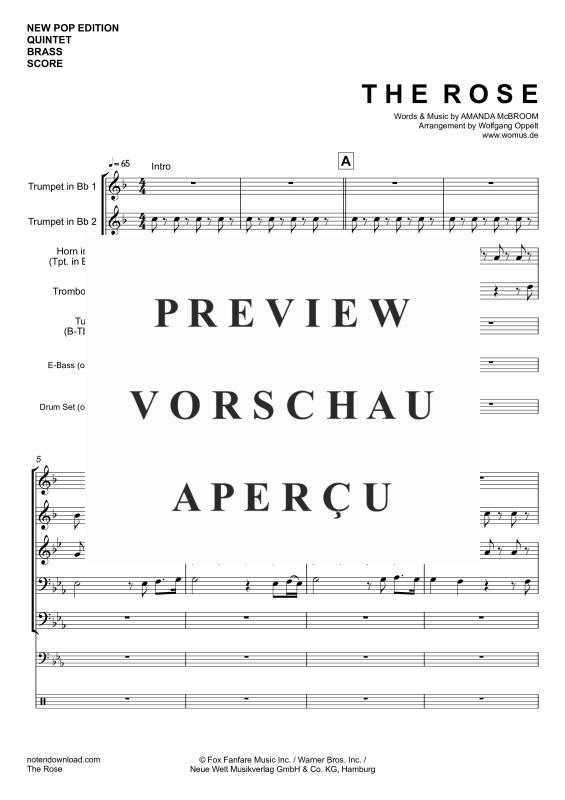 Produktgalerie: Seite 4 von 11 The Rose, Midler, Bette, Blechbläser Quintett/Ensemble/Band/Chor E- Bass & Drum Set opt.