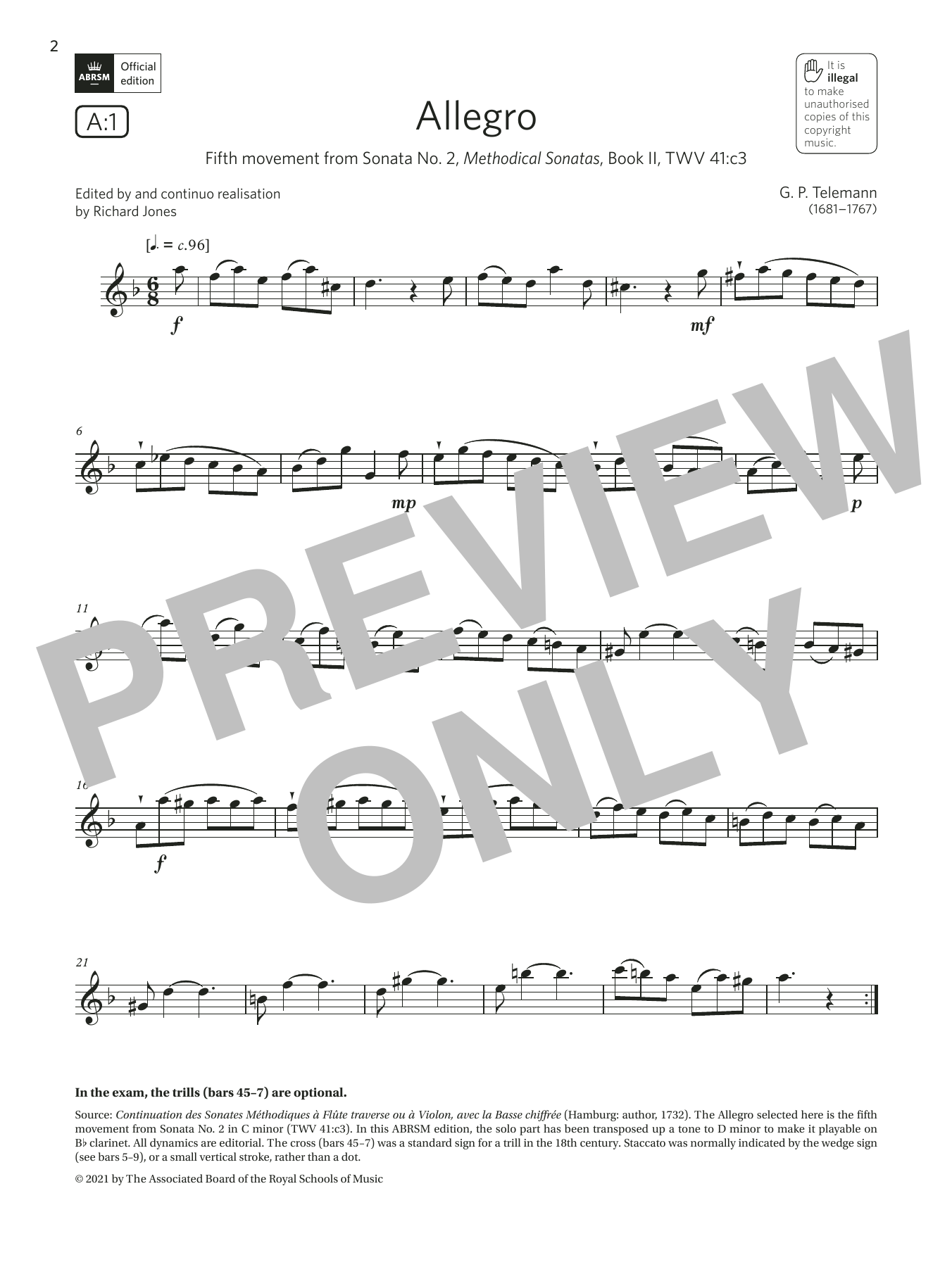Product gallery: Page 1 of 1 Allegro (from Sonata No. 2) (Grade 4 List A1 from the ABRSM Clarinet syllabus from 2022), Georg Philipp Telemann