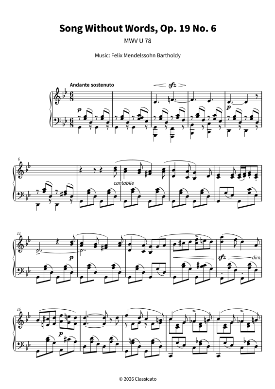 Product gallery: Page 1 of 6 Song Without Words, Op. 19 No. 6, , Solo Piano