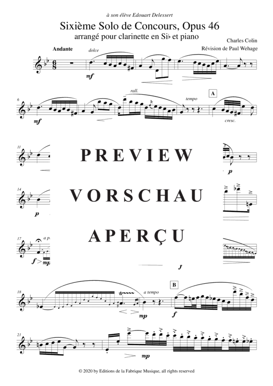 Produktgalerie: Seite 17 von 21 Sixième Solo de Concours, opus 46 , , (Klarinette in B + Klavier)
