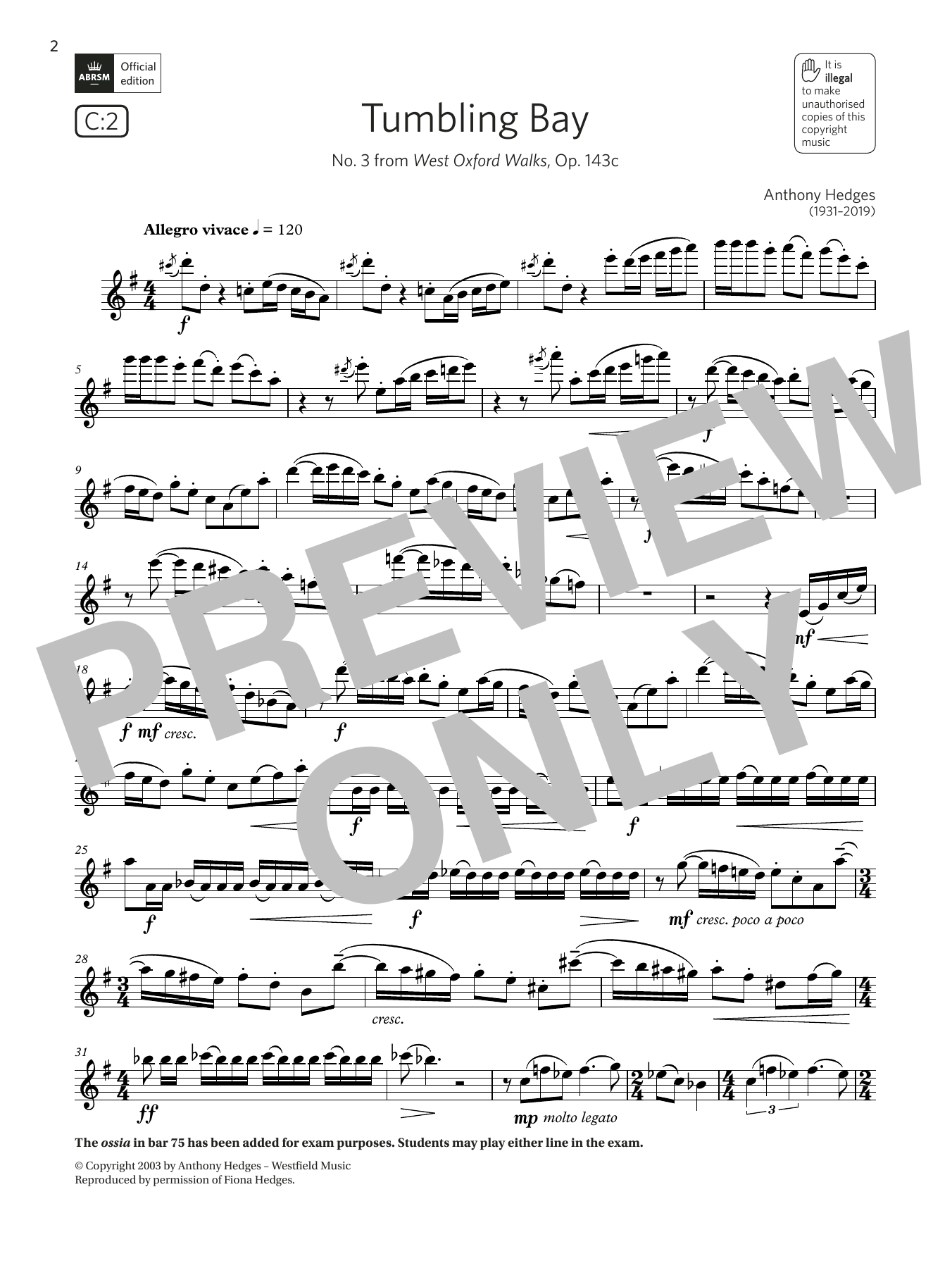 Product gallery: Page 1 of 1 Tumbling Bay (from West Oxford Walks) (Grade 7 List C2 from the ABRSM Flute syllabus from 2022), Anthony Hedges