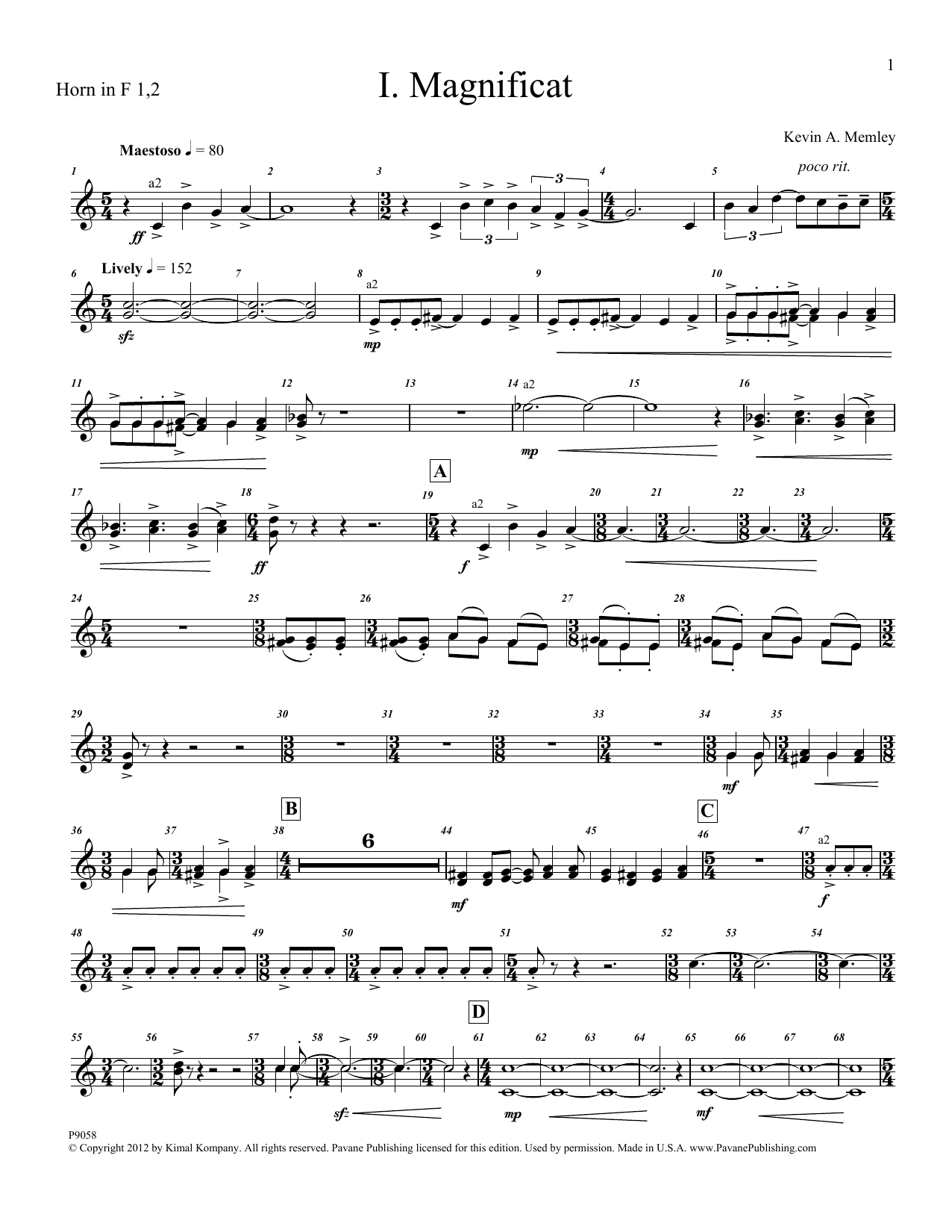 Produktgalerie: Seite 1 von 1 Magnificat (Brass and Percussion) (Parts) - F Horn 1, 2, Kevin Memley, Chor