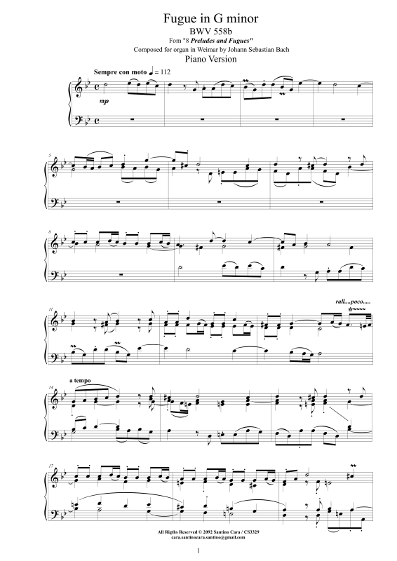 Produktbild zu: Fuge in G-Moll BWV 558b - Piano VersionJohann Sebastian Bach