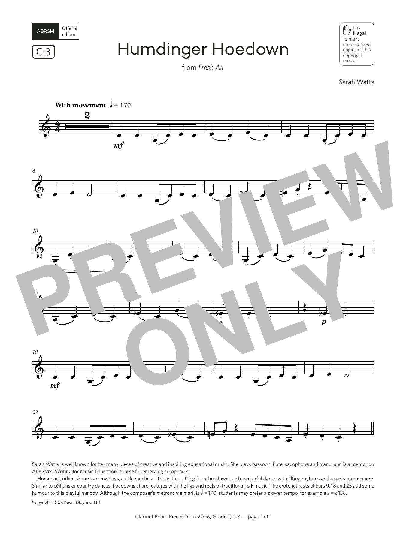 Product gallery: Page 1 of 1 Humdinger Hoedown (Grade 1, list C3, from the ABRSM Clarinet Syllabus from 2026), Sarah Watts