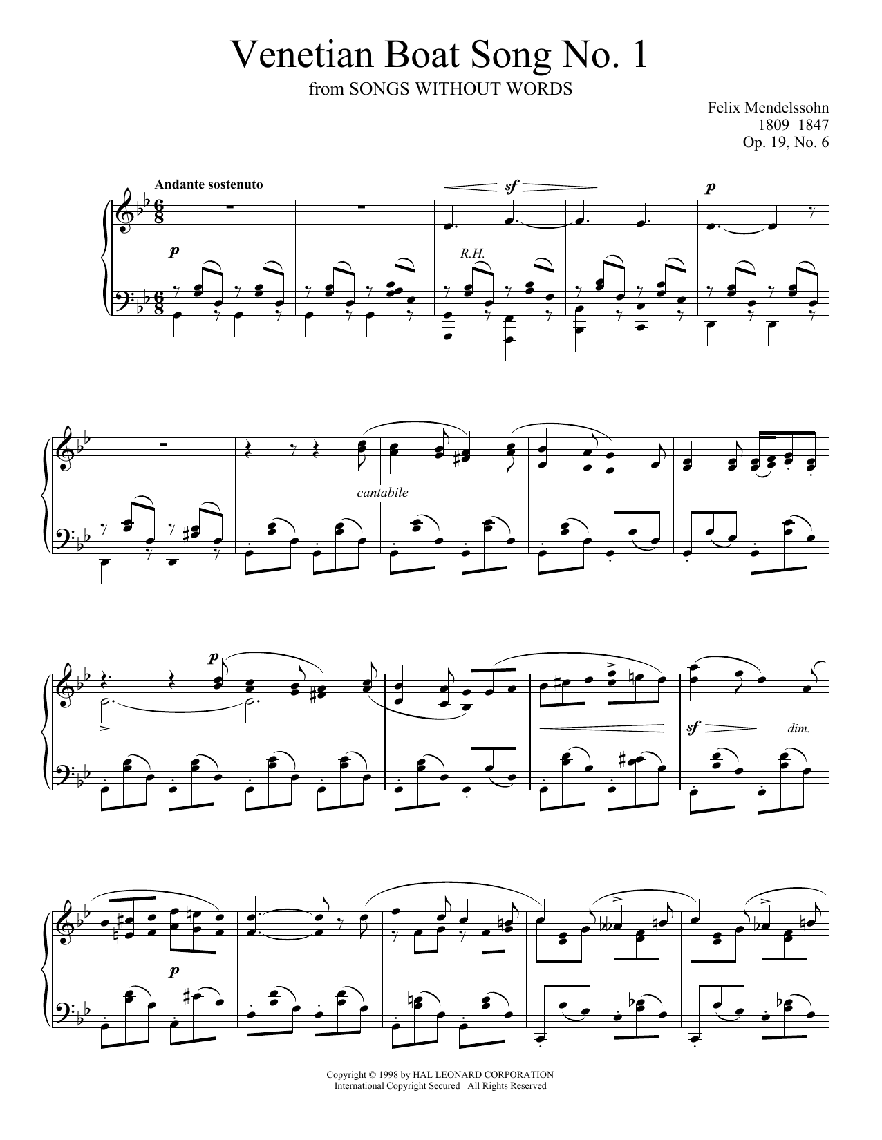 Product gallery: Page 1 of 1 Venetian Boat Song No. 1, Op. 19, No. 6, Felix Mendelssohn