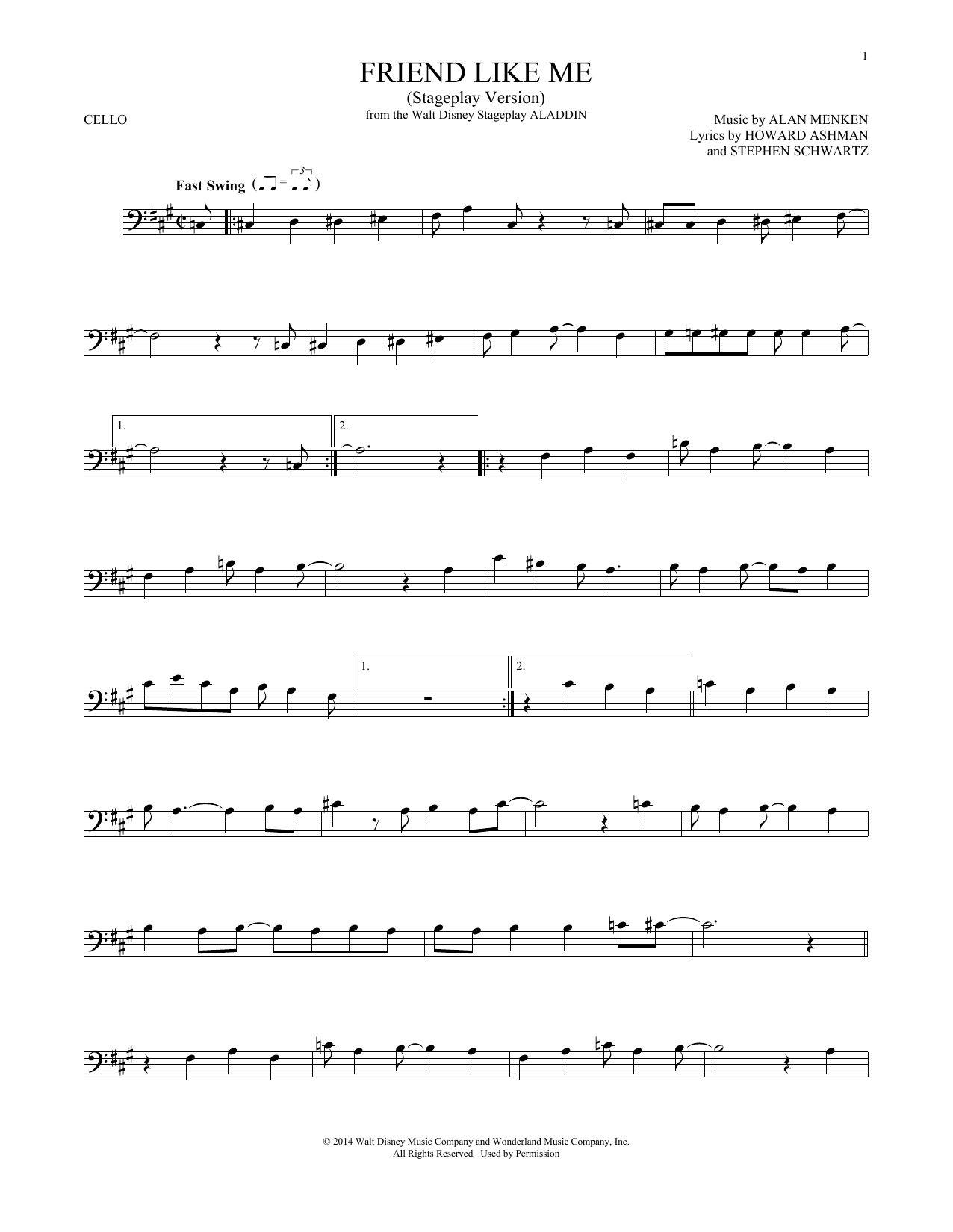 Produktgalerie: Seite 1 von 1 Friend Like Me (Stageplay Version) (from Aladdin: The Broadway Musical), Alan Menken, Howard Ashman & Stephen Schwartz, Violoncello