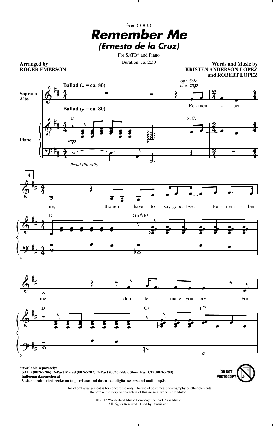 Product picture to: Remember Me (Ernesto de la Cruz) (from Coco) (arr. Roger Emerson)