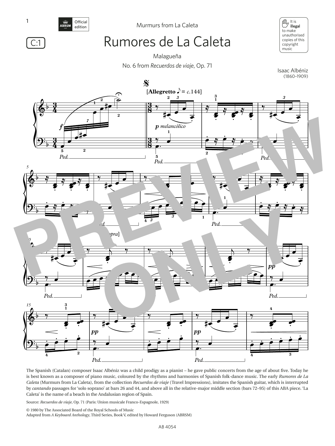 Product picture to: Rumores de La Caleta (Grade 8, list C1, from the ABRSM Piano Syllabus 2023 & 2024)