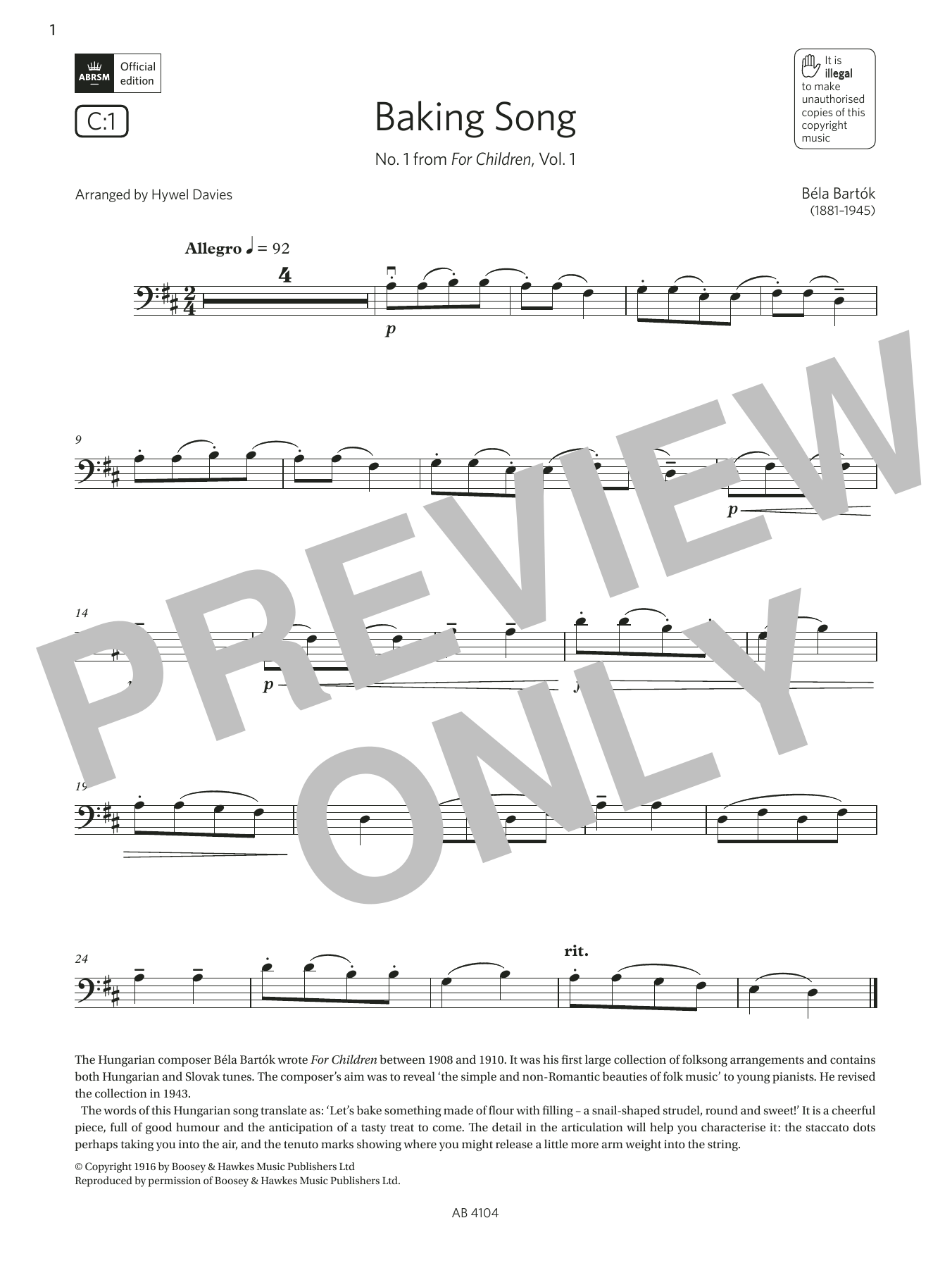 Produktbild zu:  Baking Song (Grade 1, C1, from the ABRSM Cello Syllabus from 2024) - Bela Bartók