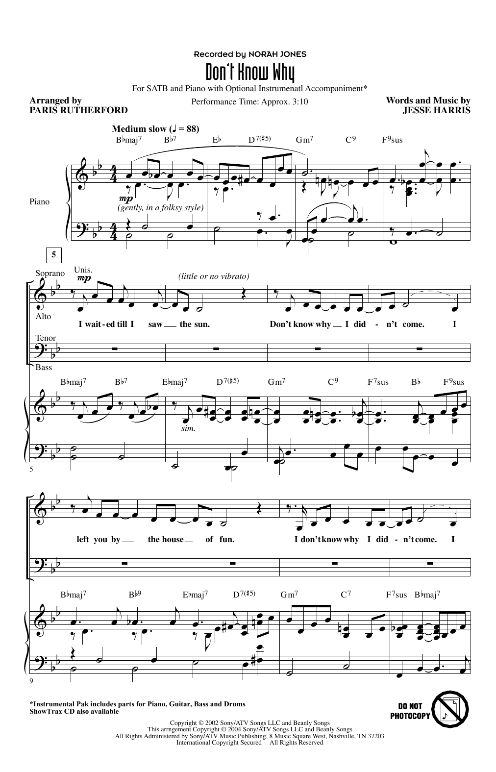 Product picture to: Don't Know Why (arr. Paris Rutherford)