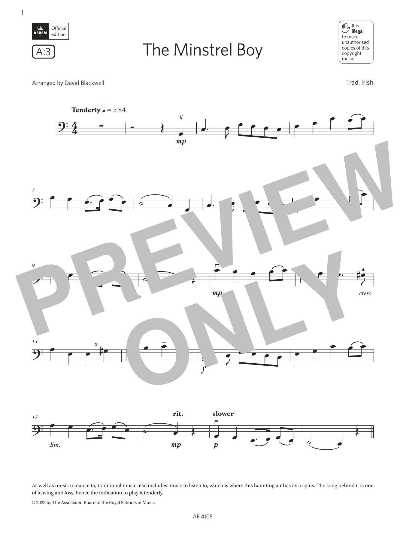 Produktgalerie: Seite 1 von 1 The Minstrel Boy (Grade 2, A3, from the ABRSM Cello Syllabus from 2024), Trad. Irish, Violoncello