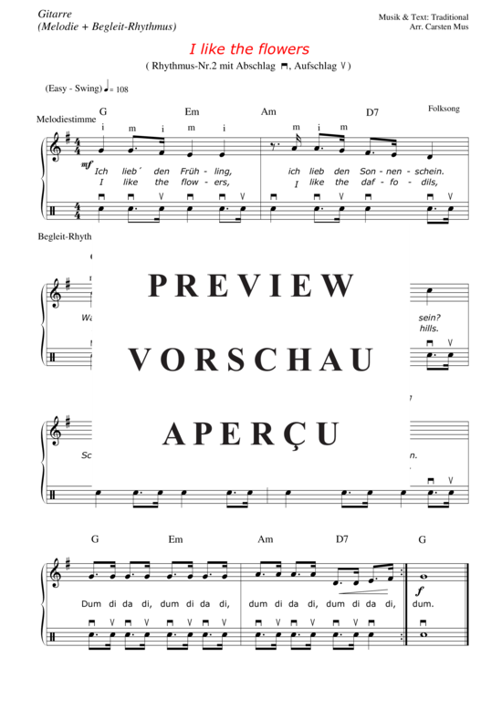 Product picture to: I like the flowers für Gitarre (Melodie + Begleit-Rhythmus Nr.2 - Ab und Aufschlag - mittel) Volkslied