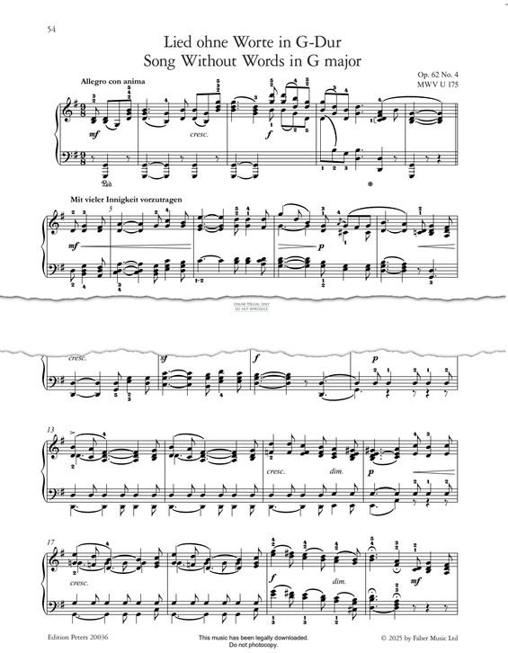 Produktgalerie: Seite 1 von 1 Song Without Words in G Major Op.62, No.4, Felix Mendelssohn, Klavier