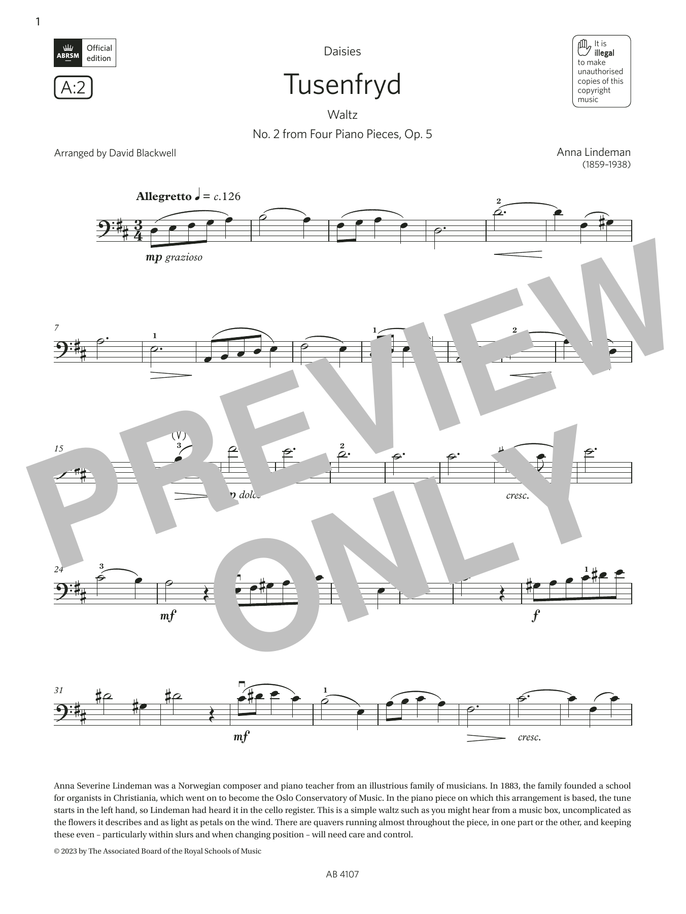 Produktbild zu:  Tusenfryd (Grade 4, A2, from the ABRSM Cello Syllabus from 2024) - Anna Lindeman