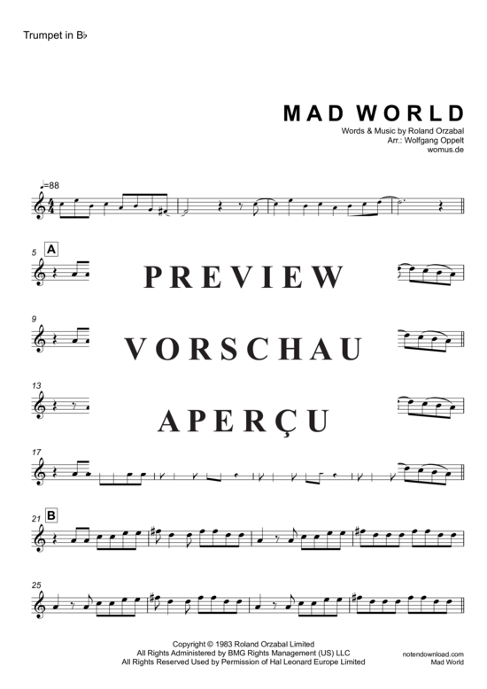 Produktgalerie: Seite 6 von 8 Mad World, Andrews, Michael & Jules, Gary, Trompete in B und Klavier, Violoncello optional 