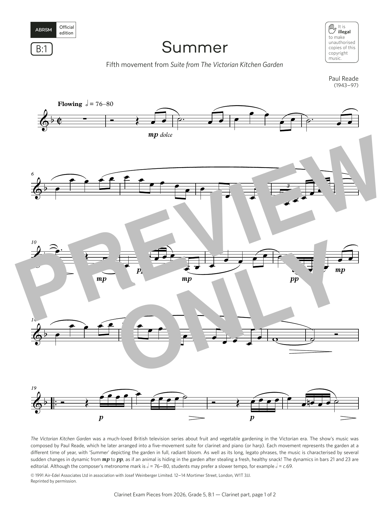 Product gallery: Page 1 of 1 Summer (Grade 5, list B1, from the ABRSM Clarinet Syllabus from 2026), Paul Reade