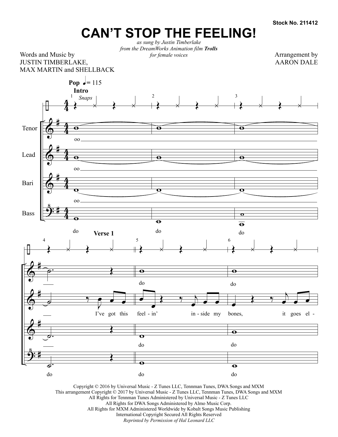 Product gallery: Page 1 of 1 Can't Stop the Feeling! (arr. Aaron Dale), Justin Timberlake