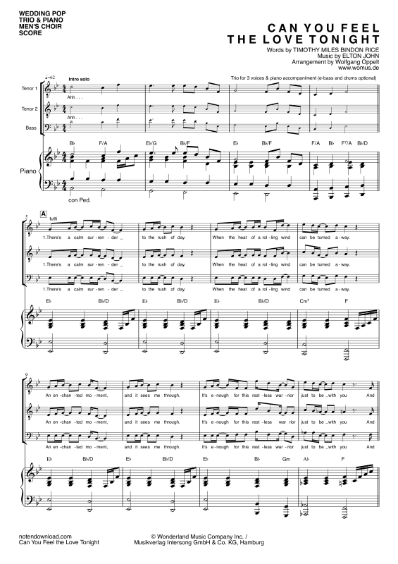 Produktgalerie: Seite 1 von 11 Can You Feel The Love Tonight, John, Elton, Männer Chor/Ensemble TTB und Klavier - E-bass & Drum Set optional