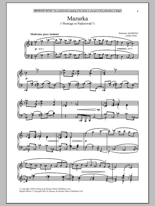 Product gallery: Page 1 of 1 Mazurka, H284 (Homage To Paderewski), Bohuslav Martinu