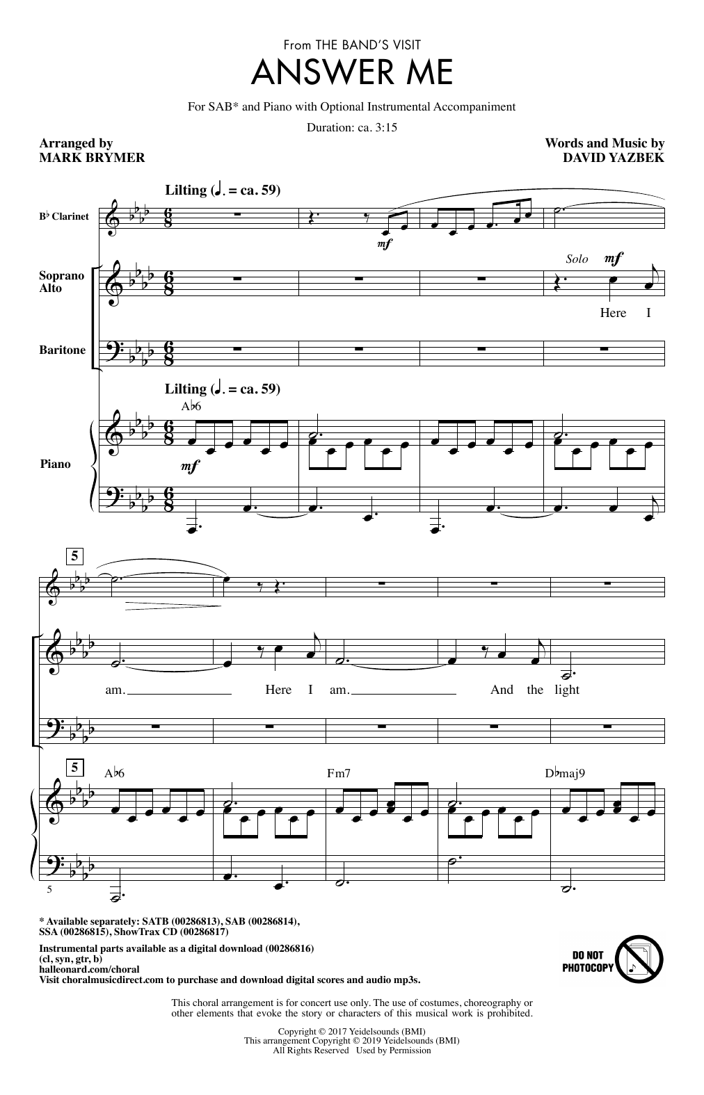 Produktbild zu: Answer Me (from The Band's Visit) (arr. Mark Brymer)
