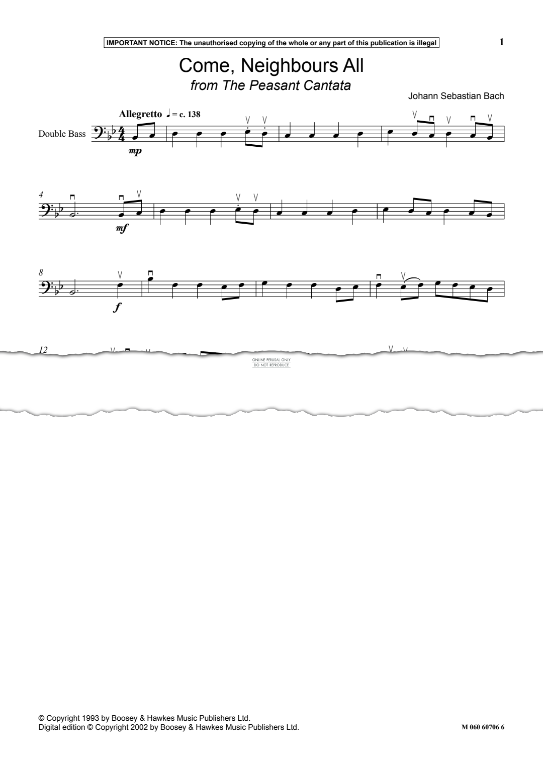 Produktgalerie: Seite 1 von 1 Come, Neighbours All from The Peasant Cantata, Johann Sebastian Bach, Keyboard, Kontrabass