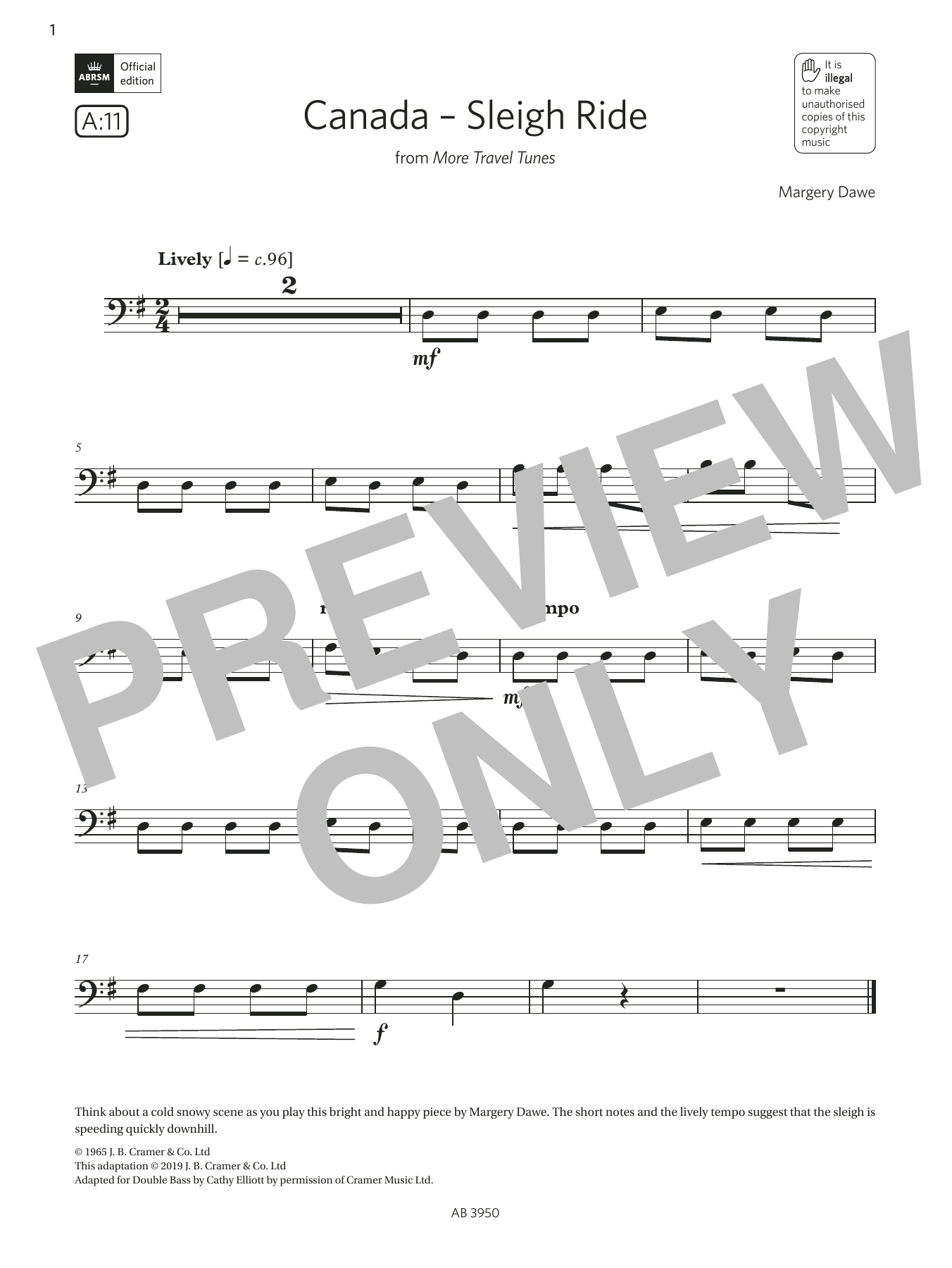 Produktgalerie: Seite 1 von 1 Canada - Sleigh Ride (Grade Initial, A11, from the ABRSM Double Bass Syllabus from 2024), Margery Dawe, Kontrabass