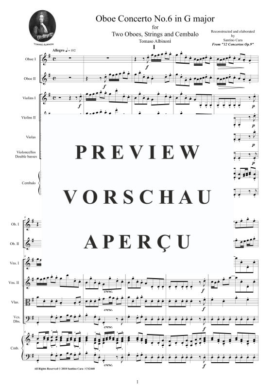 Produktgalerie: Seite 2 von 11 Concerto No.6 in G-Dur Op.9, , 2 Oboen Solo, Streicher Ensemble und Cembalo BC