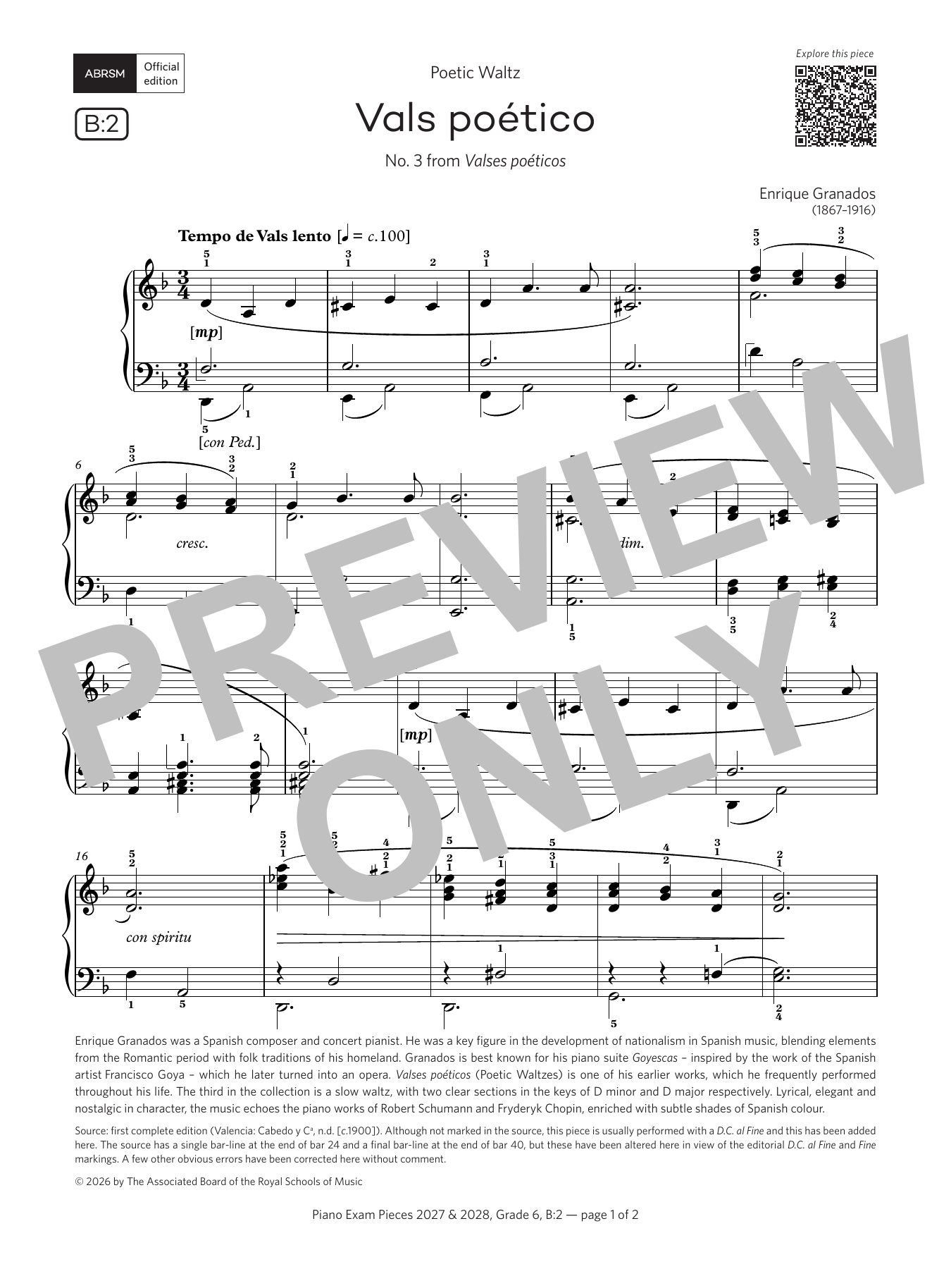 Product gallery: Page 1 of 1 Vals poético (Grade 6, list B2, from the ABRSM Piano Syllabus 2027 & 2028), Enrique Granados