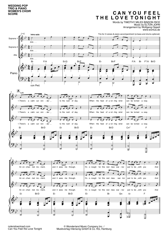 Produktgalerie: Seite 1 von 11 Can You Feel The Love Tonight, John, Elton, Frauen Chor/Ensemble SSA und Klavier - E-Bass & Drum Set optional