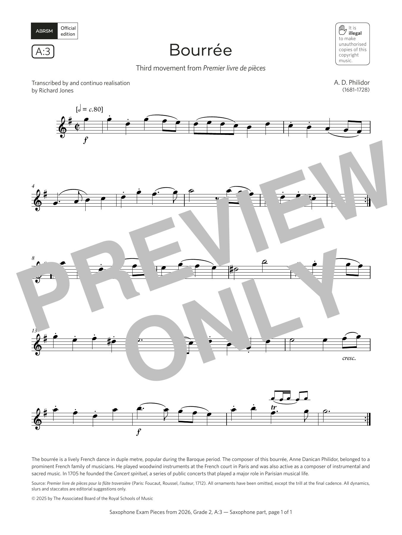 Product gallery: Page 1 of 1 Bourrée (Grade 2, list A3, from the ABRSM Saxophone Syllabus from 2026), Anne Danican Philidor