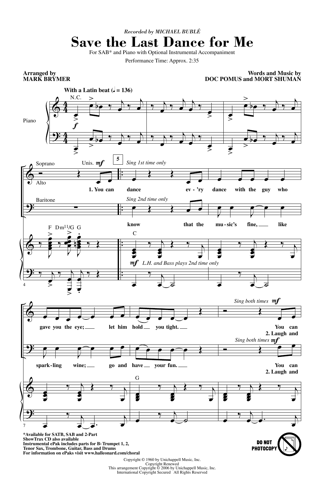 Product picture to: Save The Last Dance For Me (arr. Mark Brymer)