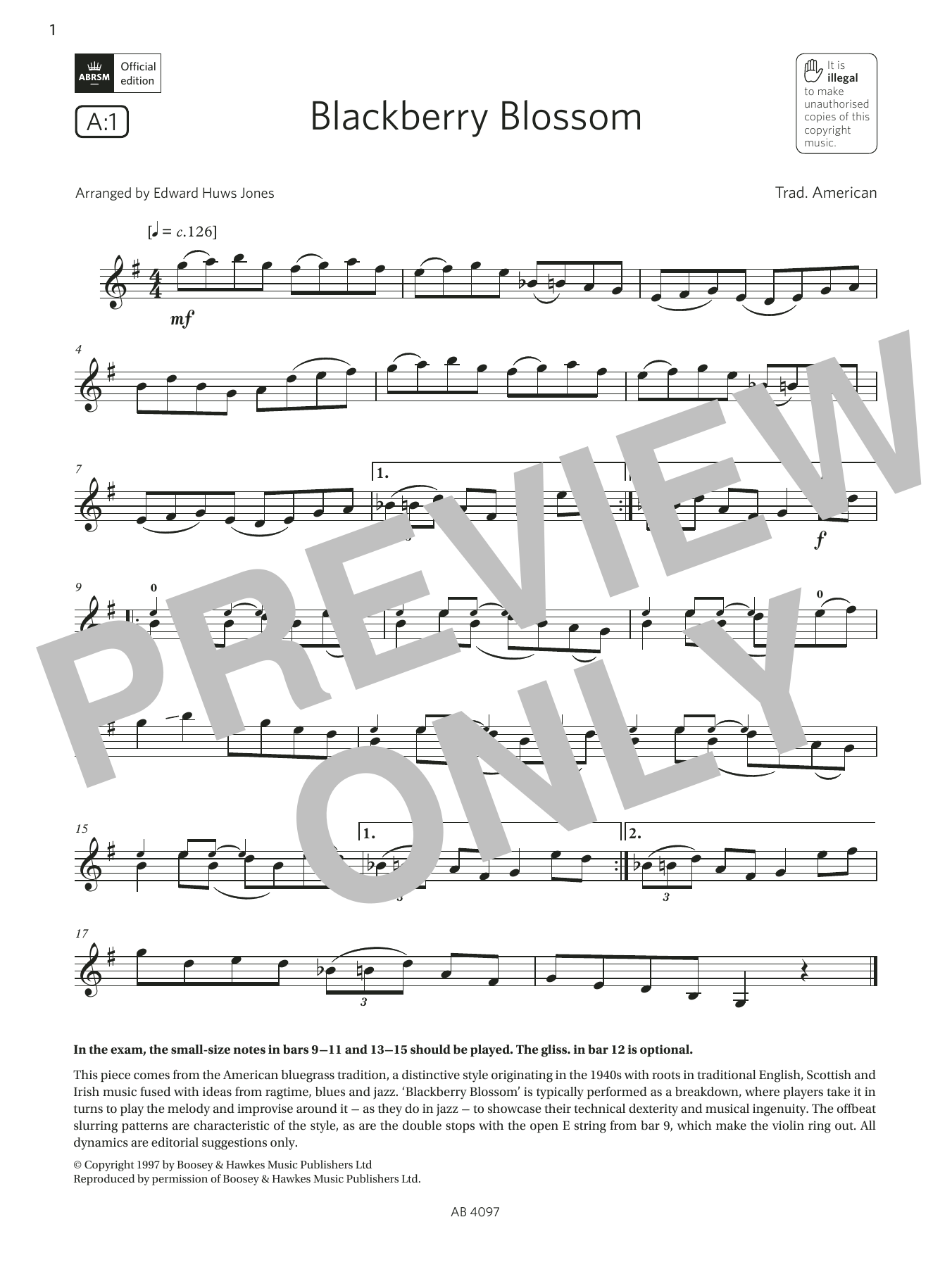 Product gallery: Page 1 of 1 Blackberry Blossom (Grade 3, A1, from the ABRSM Violin Syllabus from 2024), Trad. American
